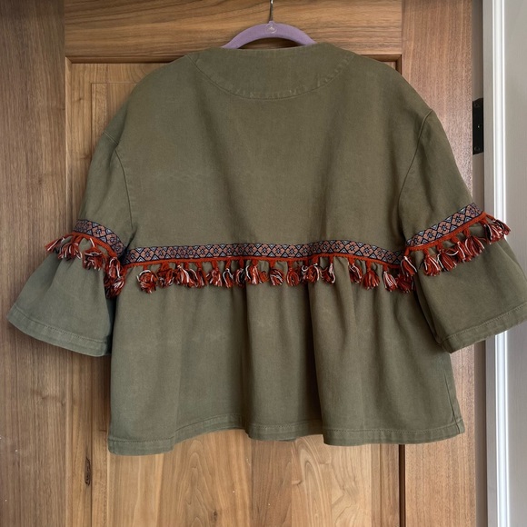 ZARA BASIC Dept. Z1975 DENIM Bell Sleeve Cotton Jacket W/ Fringe Trim L Olive - Picture 6 of 12